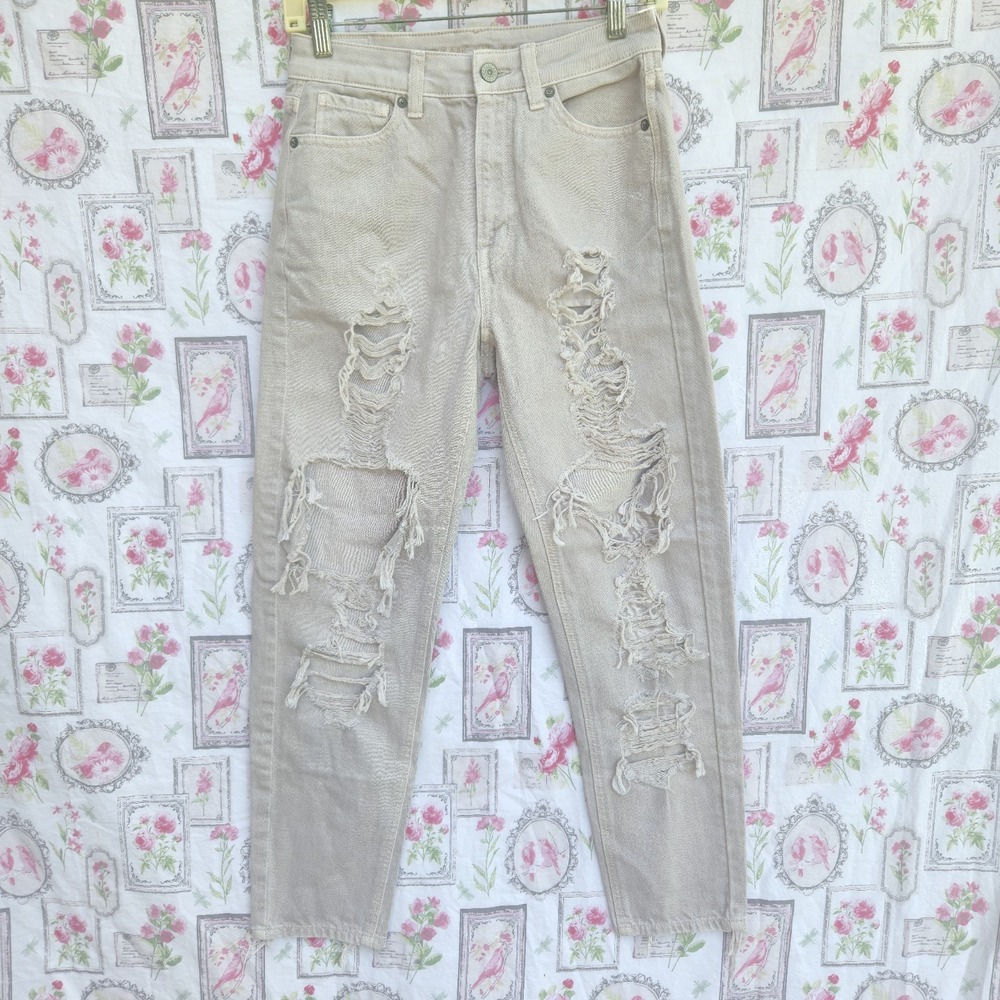 American Eagle Jeans Womens 2 Reg Beige Mom‎ Straight Jean Denim Distressed Rips